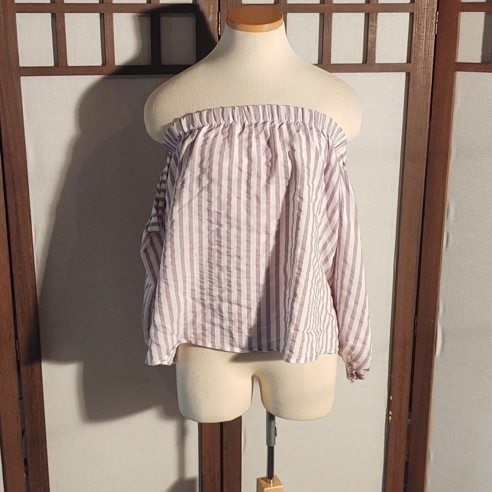 Express Purple and White Striped Off the Shoulder Puffed Sleeves Top Sz M